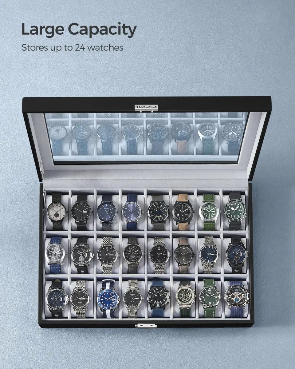 SONGMICS 24-Slot Watch Box Organizer with Glass Lid & Lock | 43.5cm (17.1") L x 29.5cm (11.6") W - view 3