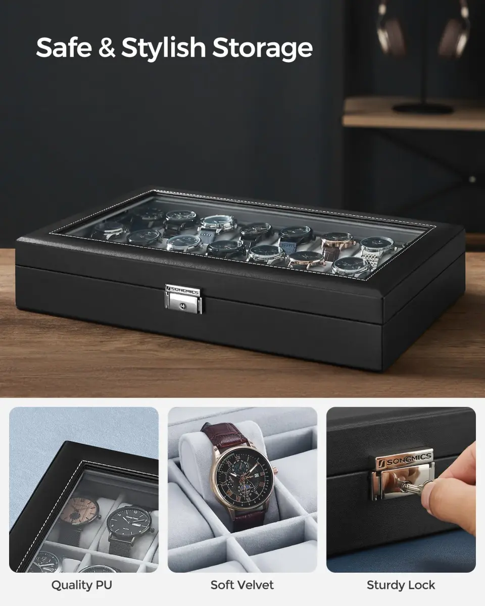 SONGMICS 24-Slot Watch Box Organizer with Glass Lid & Lock | 43.5cm (17.1") L x 29.5cm (11.6") W - view 4