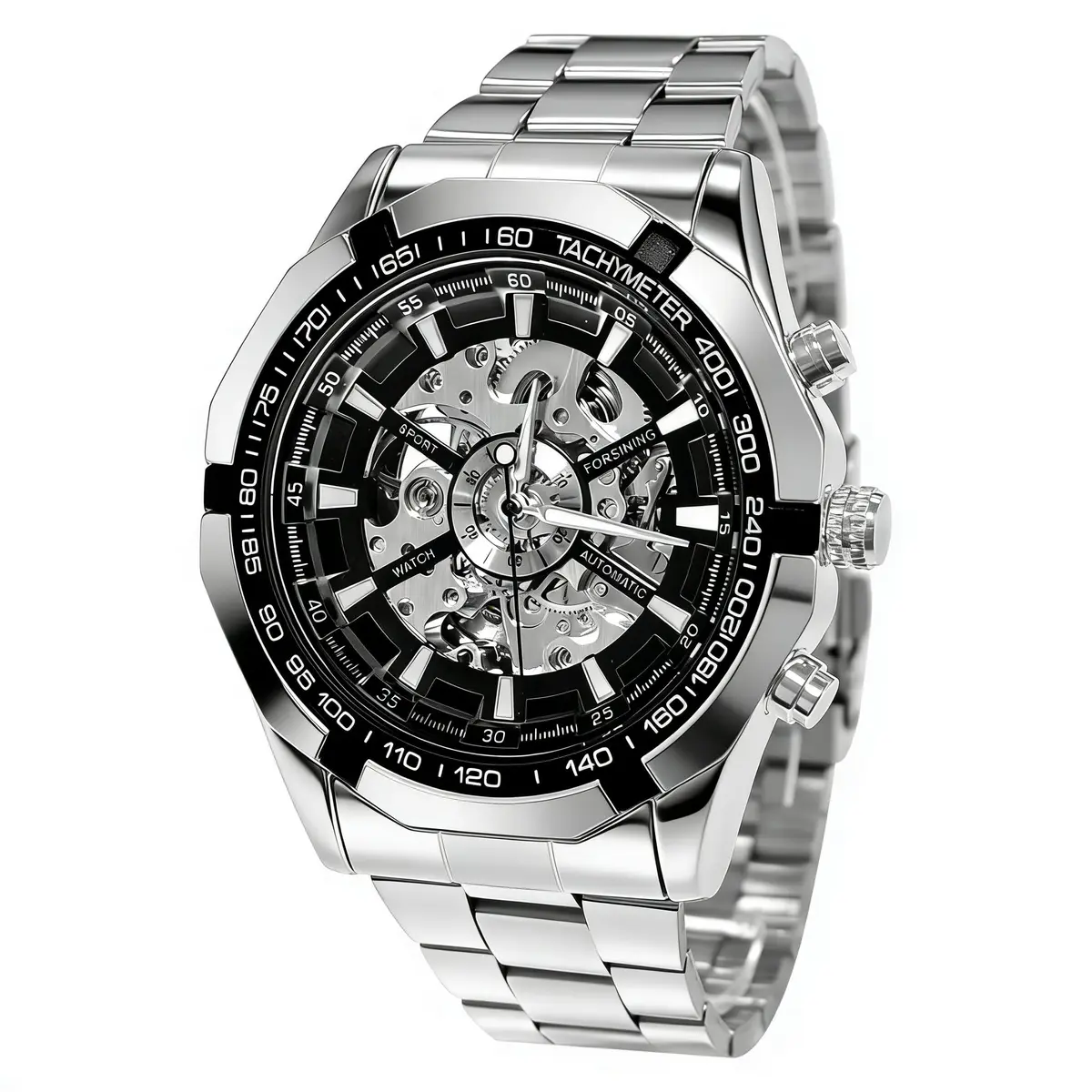 Gute Mechanical Skeleton Watch Self-Winding Stainless Steel Silver | Automatic Men's Wristwatch with 45mm Dial - main product image