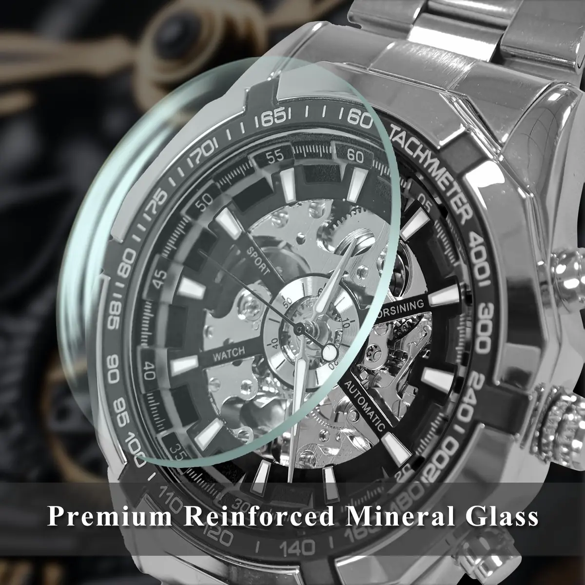 Gute Mechanical Skeleton Watch Self-Winding Stainless Steel Silver | Automatic Men's Wristwatch with 45mm Dial - view 5