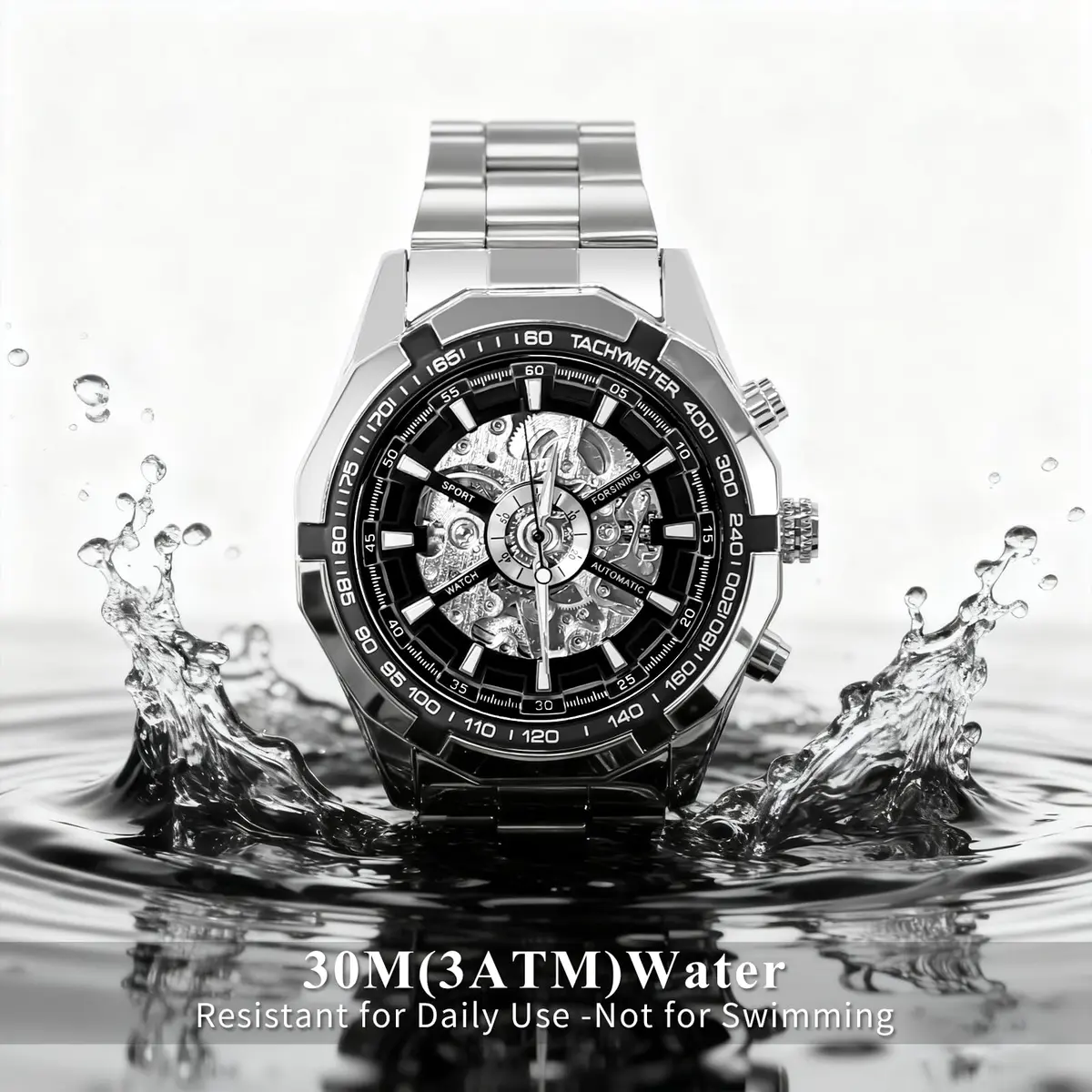 Gute Mechanical Skeleton Watch Self-Winding Stainless Steel Silver | Automatic Men's Wristwatch with 45mm Dial - view 6