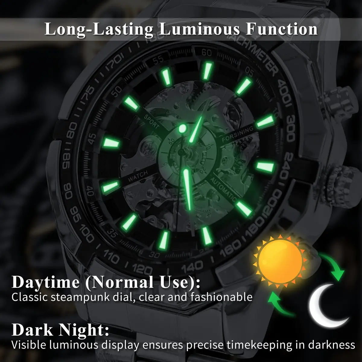 Gute Mechanical Skeleton Watch Self-Winding Stainless Steel Silver | Automatic Men's Wristwatch with 45mm Dial - view 7