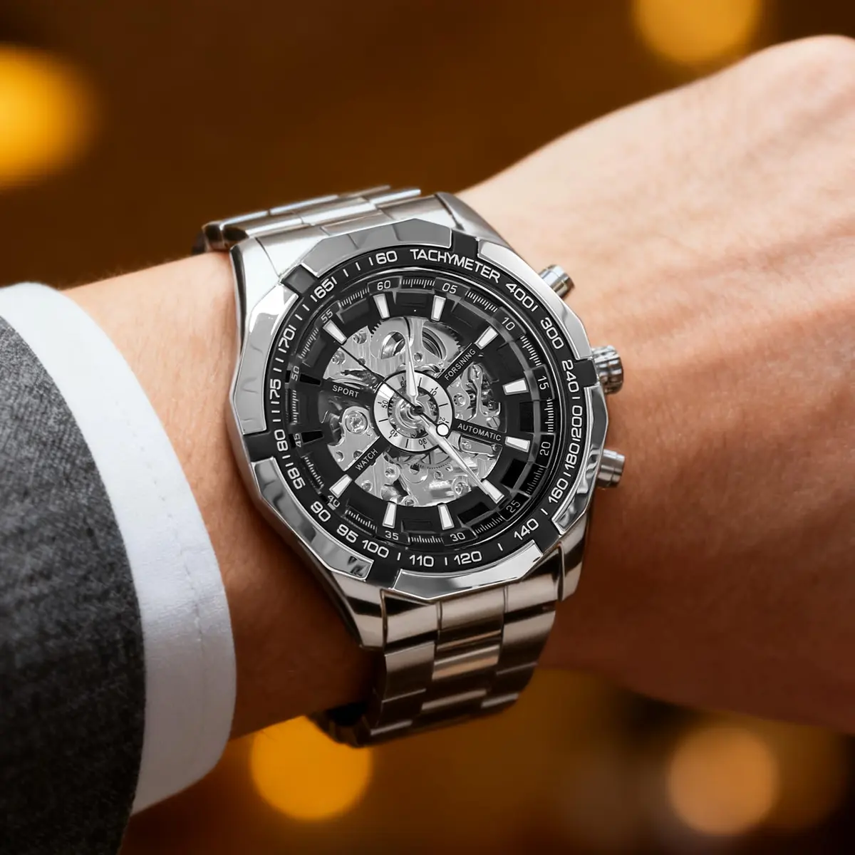 Gute Mechanical Skeleton Watch Self-Winding Stainless Steel Silver | Automatic Men's Wristwatch with 45mm Dial - view 8