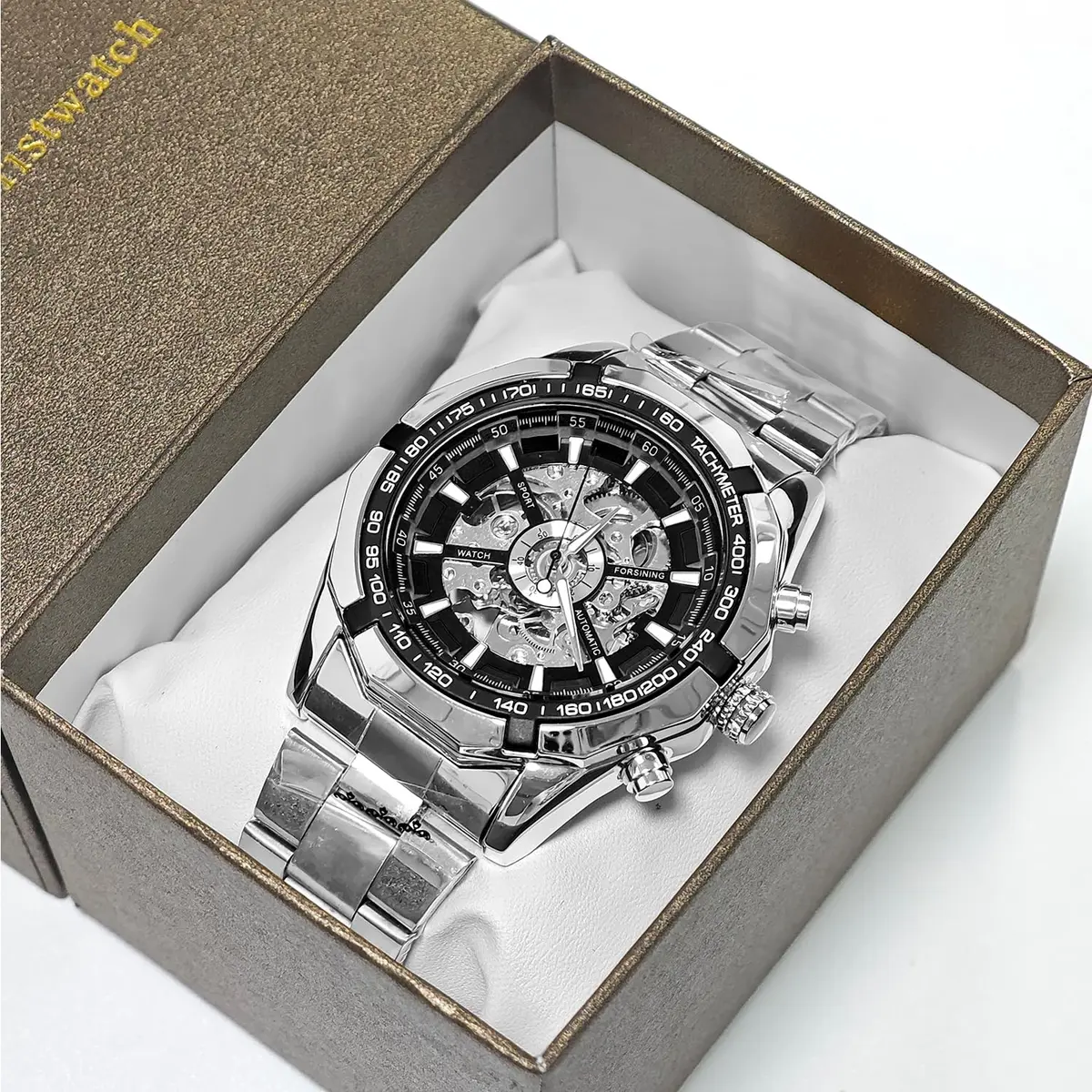 Gute Mechanical Skeleton Watch Self-Winding Stainless Steel Silver | Automatic Men's Wristwatch with 45mm Dial - view 2