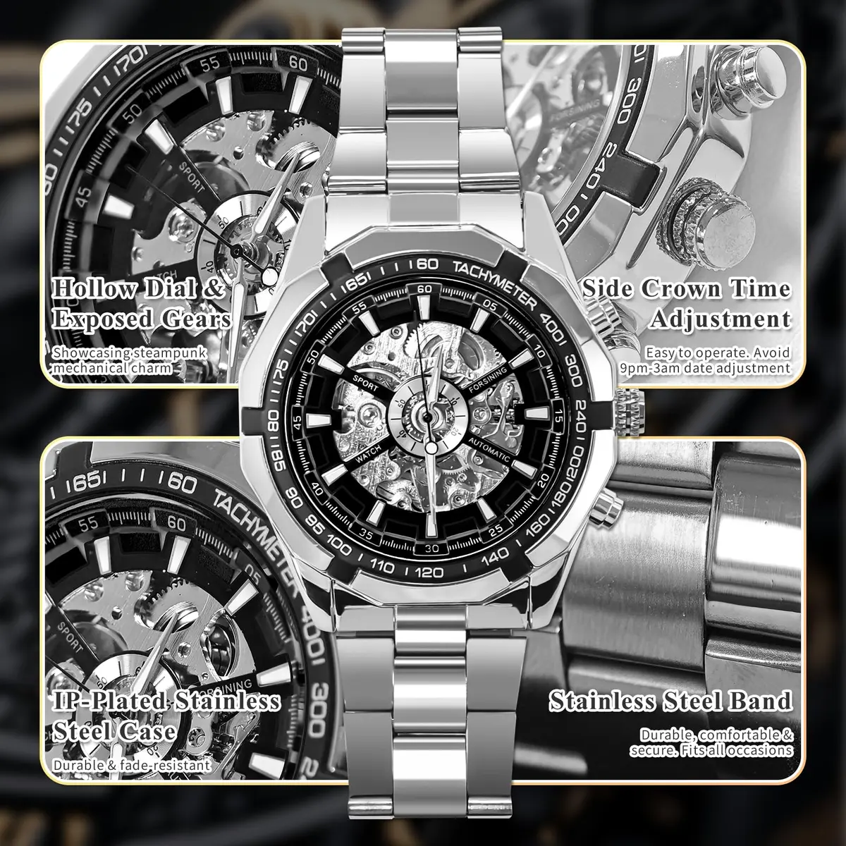 Gute Mechanical Skeleton Watch Self-Winding Stainless Steel Silver | Automatic Men's Wristwatch with 45mm Dial - view 3