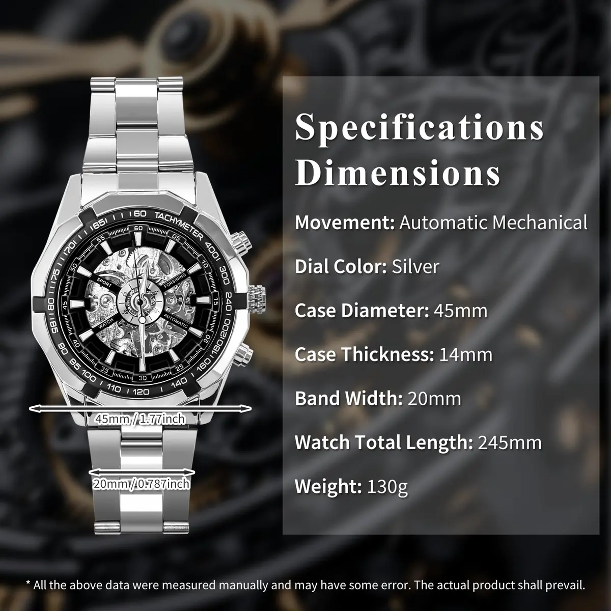 Gute Mechanical Skeleton Watch Self-Winding Stainless Steel Silver | Automatic Men's Wristwatch with 45mm Dial - view 4