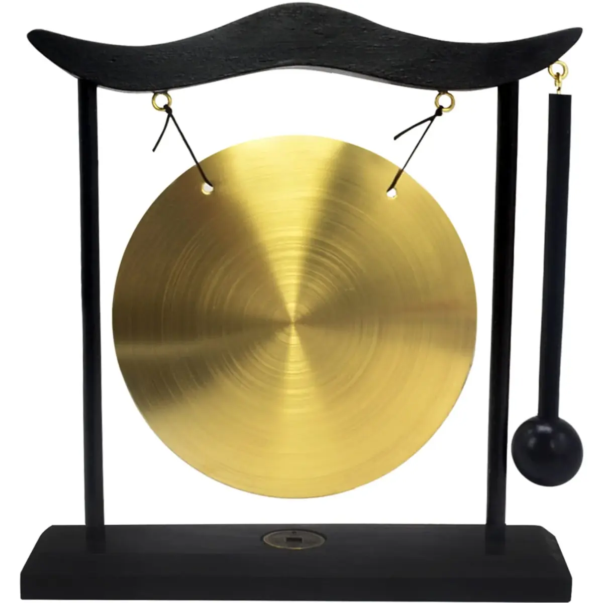 Feng Shui Brass Gong Desktop Zen Art with Wooden Stand & Red String Bracelet | 20cm (8in) Height - main product image