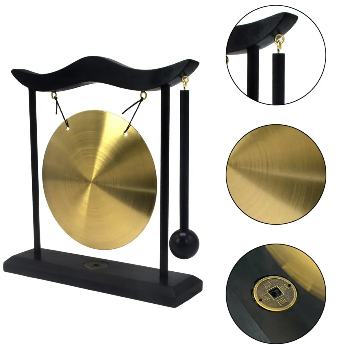 Feng Shui Brass Gong Desktop Zen Art with Wooden Stand & Red String Bracelet | 20cm (8in) Height - view 6