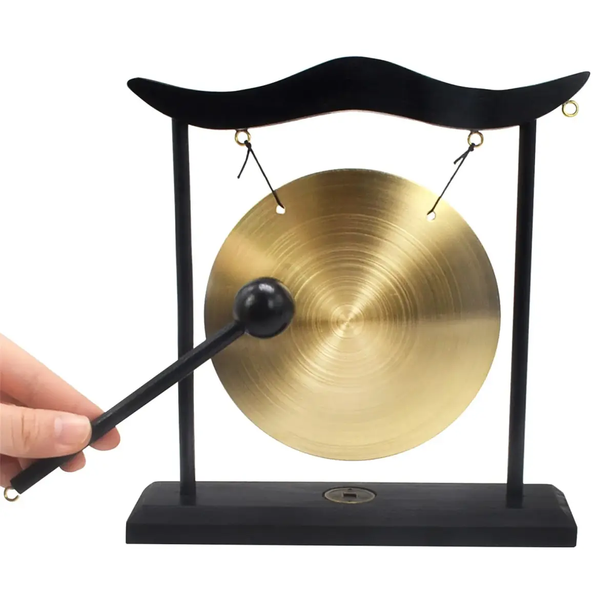 Feng Shui Brass Gong Desktop Zen Art with Wooden Stand & Red String Bracelet | 20cm (8in) Height - view 4