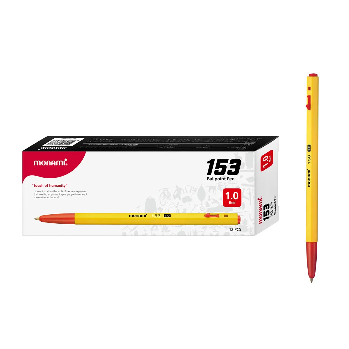 MONAMI BP 153 Retractable Ballpoint Pen, Medium Point (1.0mm), Red, 12-Count | Smooth Ink Flow - main product image