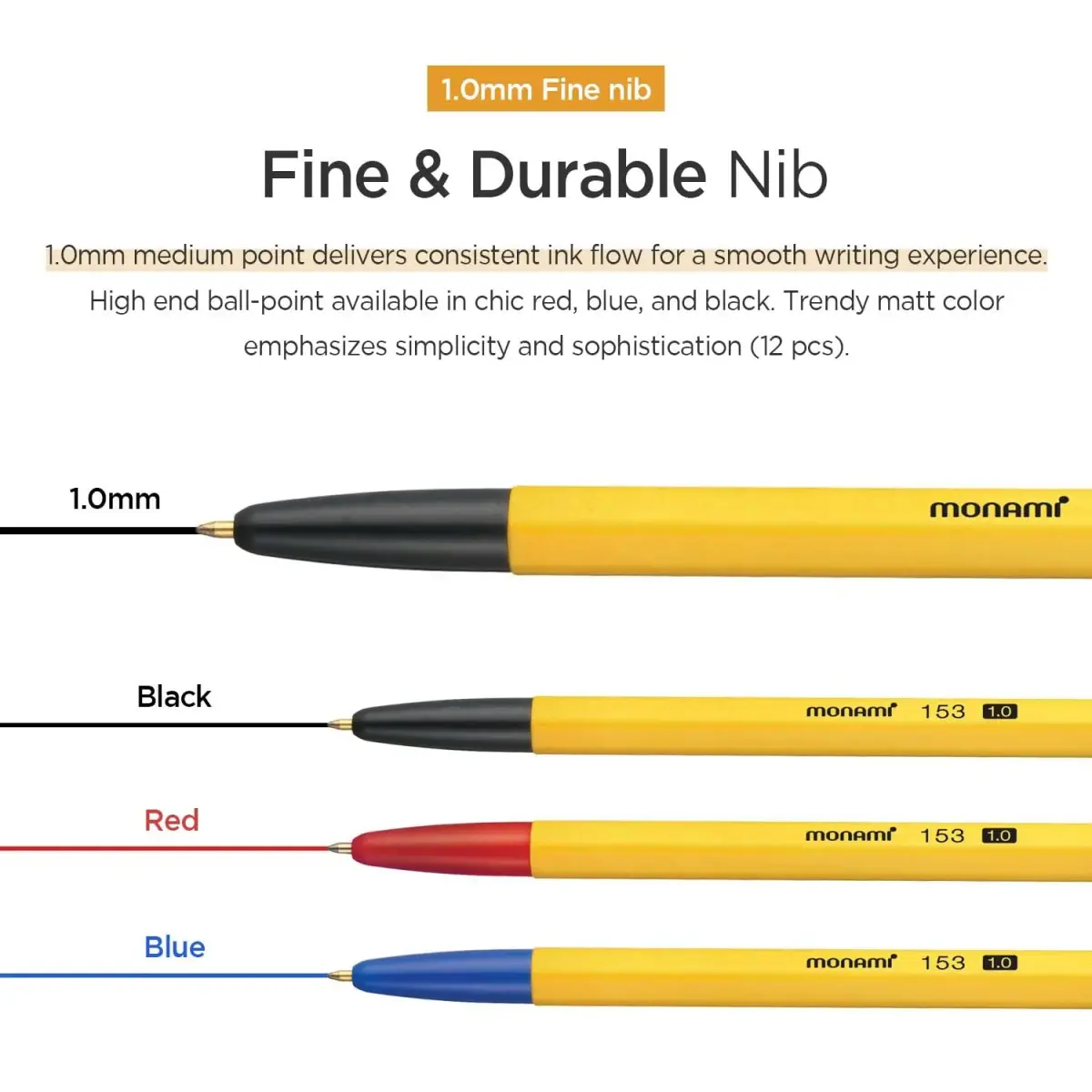 MONAMI BP 153 Retractable Ballpoint Pen, Medium Point (1.0mm), Red, 12-Count | Smooth Ink Flow - view 3