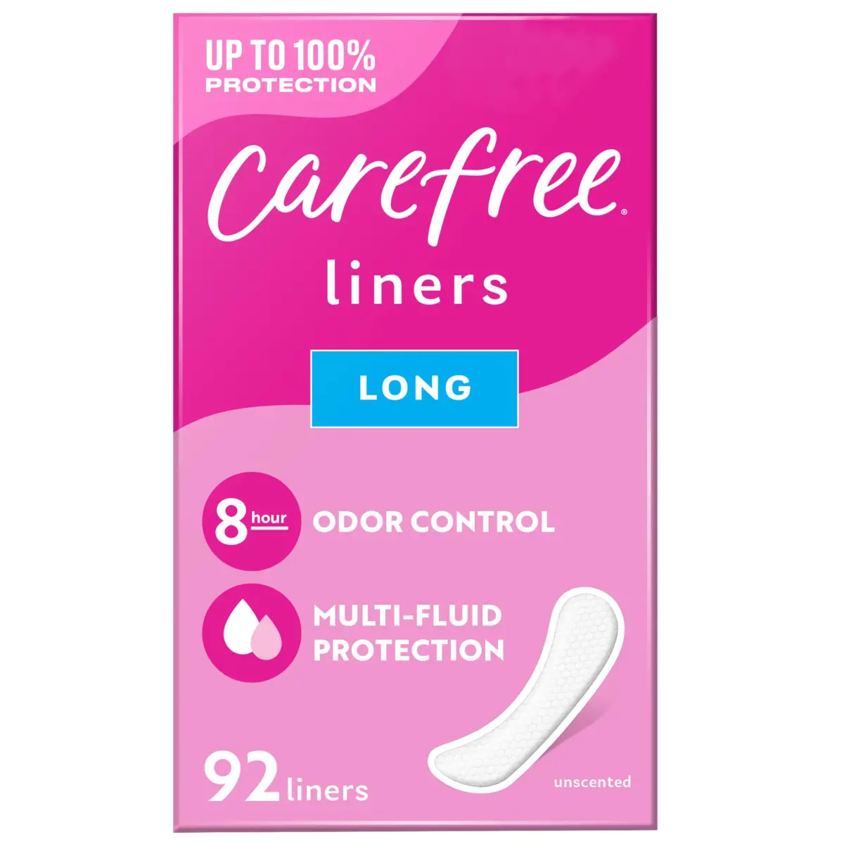 Carefree Long Unscented Panty Liners for Women, 92 Count | Odor Control & Breathable Cotton - main product image