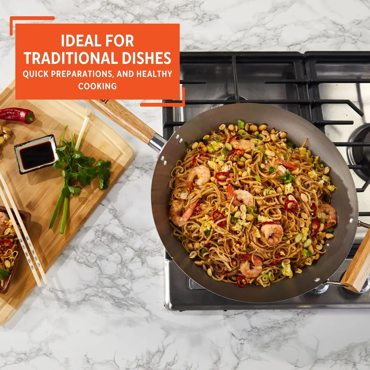 Imusa 14 Inch Carbon Steel Wok with Wood Handles | Versatile Asian Cooking Essential - view 6