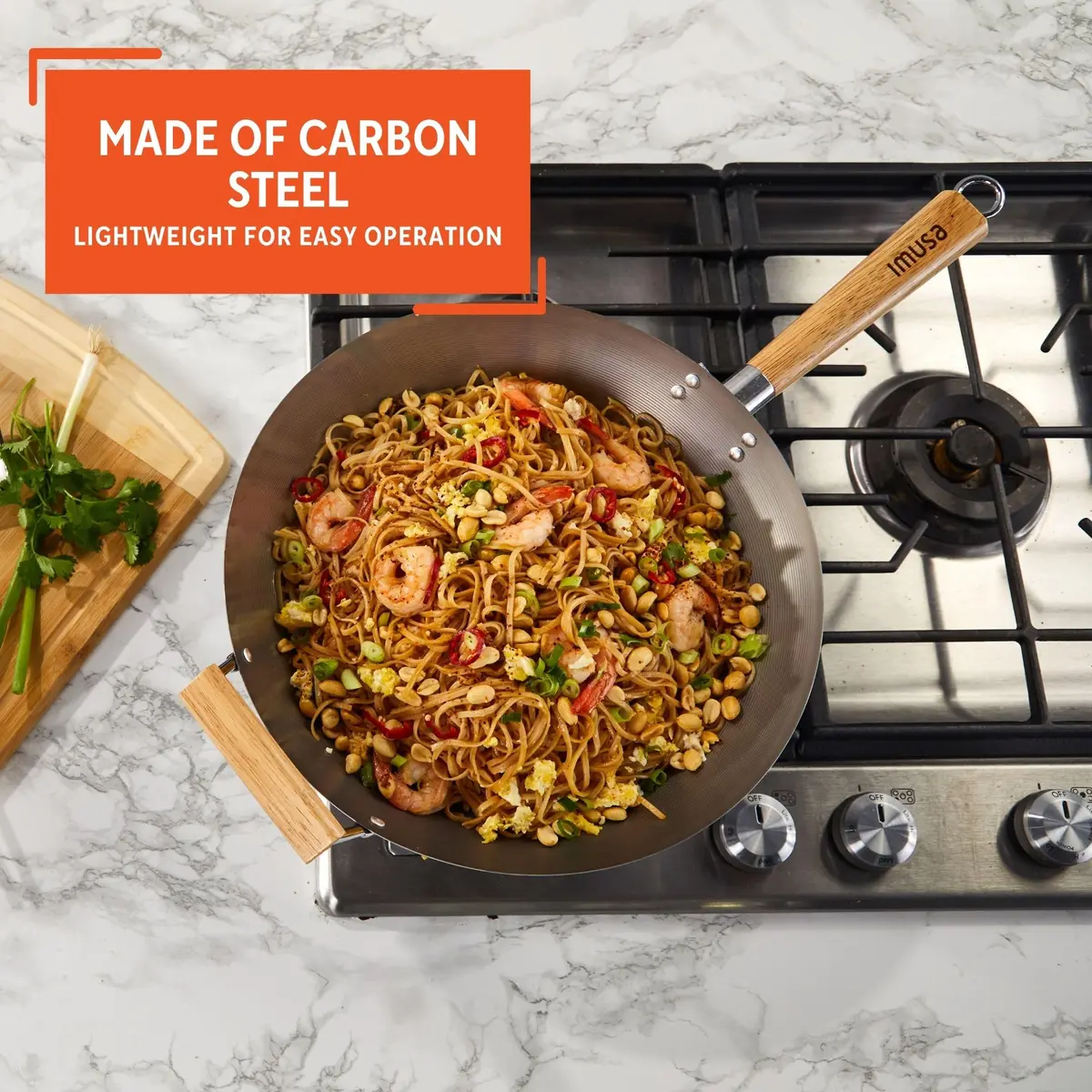 Imusa 14 Inch Carbon Steel Wok with Wood Handles | Versatile Asian Cooking Essential - view 3