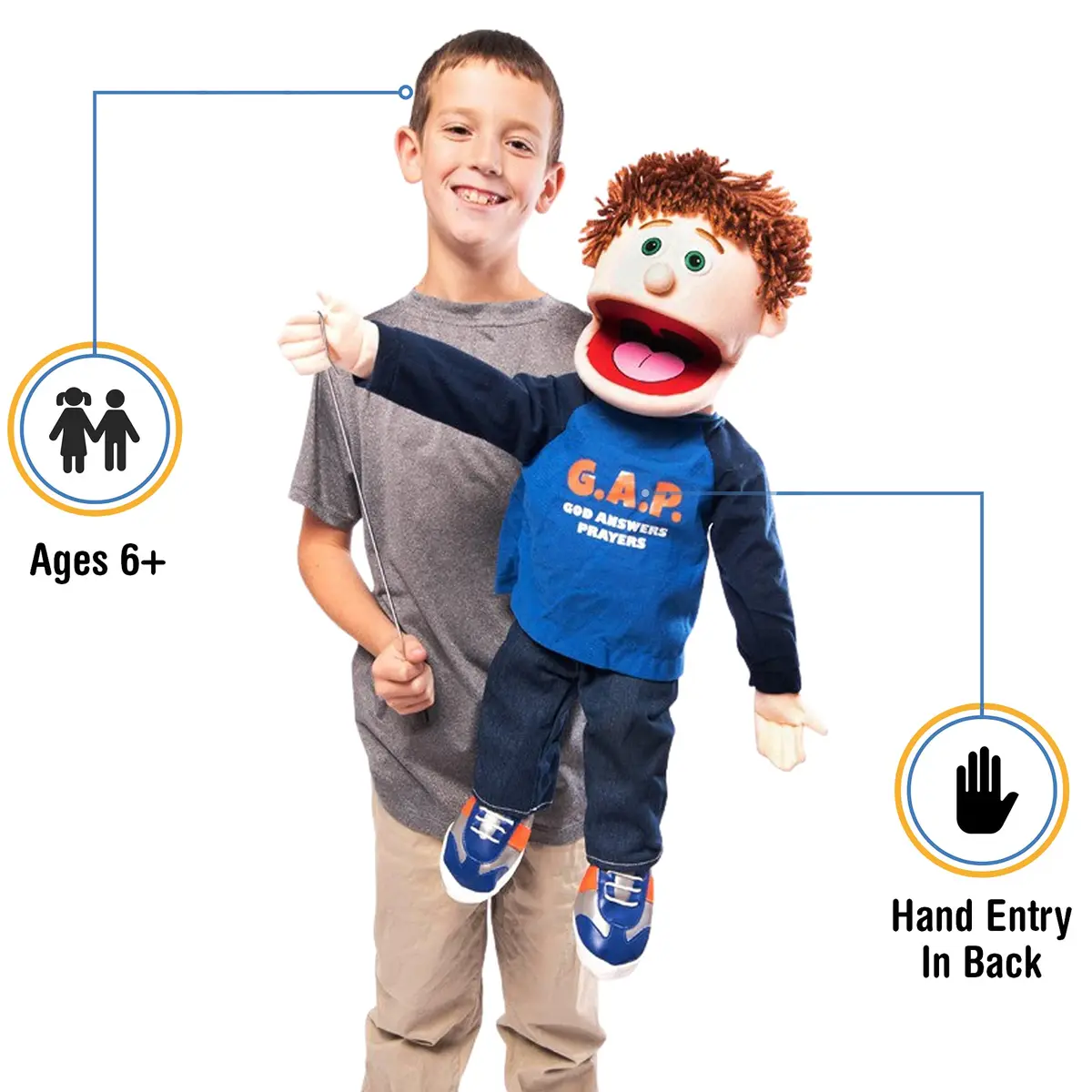 Silly Puppets 25" God Answers Prayers Peach Boy Full Body Christian Ministry Puppet | Movable Mouth & Arm Rod - main product image