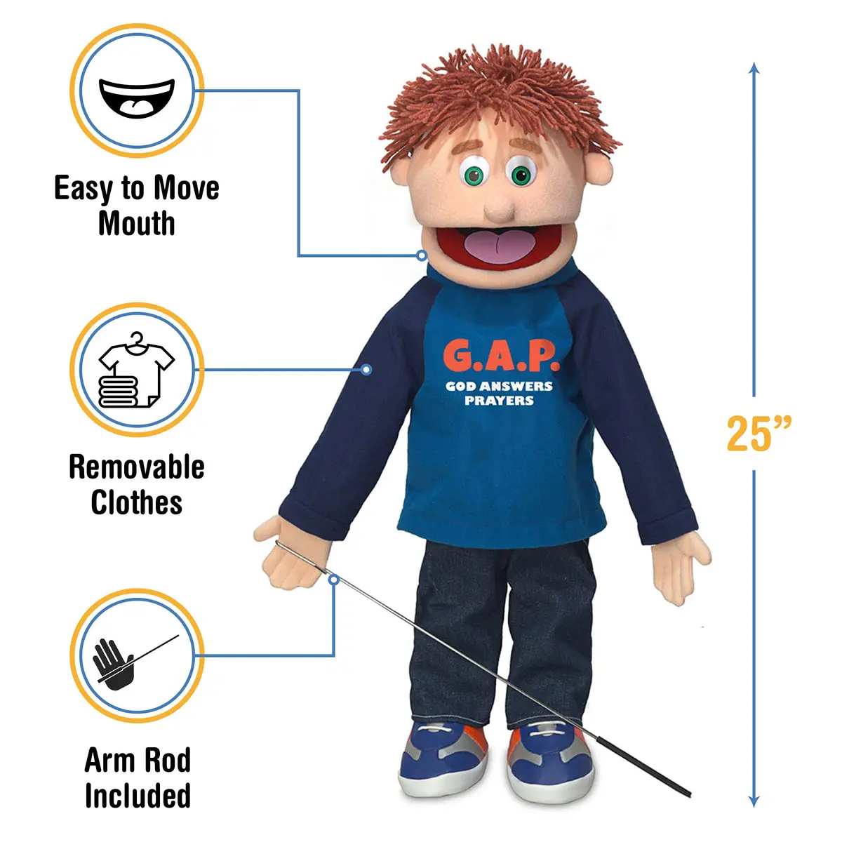 Silly Puppets 25" God Answers Prayers Peach Boy Full Body Christian Ministry Puppet | Movable Mouth & Arm Rod - view 2