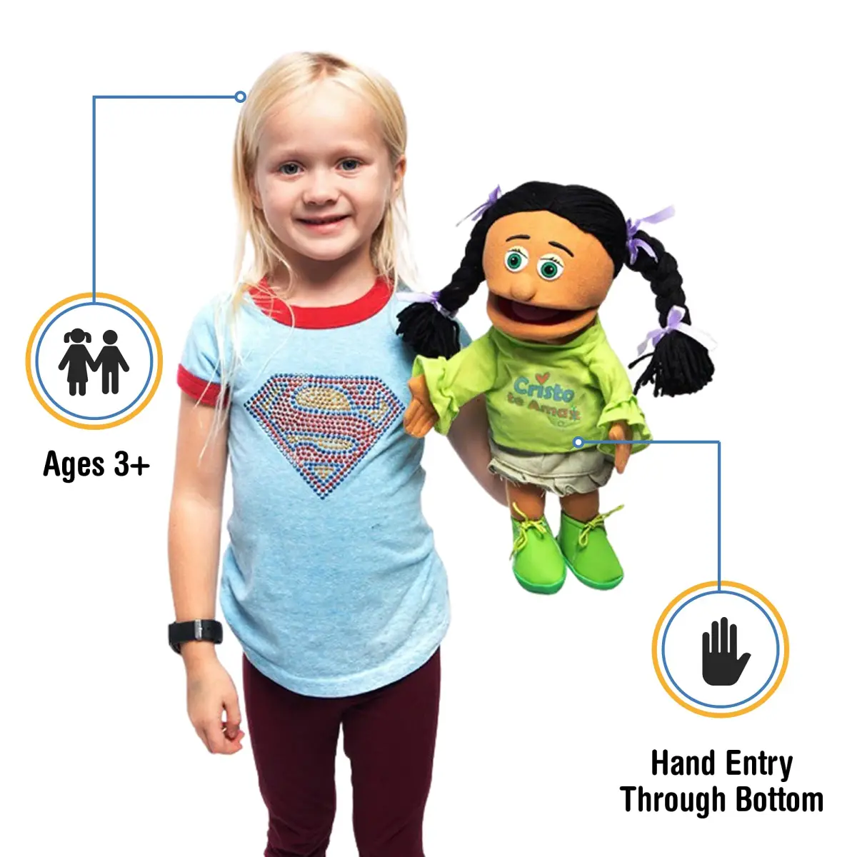 Silly Puppets Cristo Te AMA Hispanic Girl Christian Ministry Hand Puppet 35.56cm (14 inches) | Movable Mouth & Hands for Interactive Play - main product image