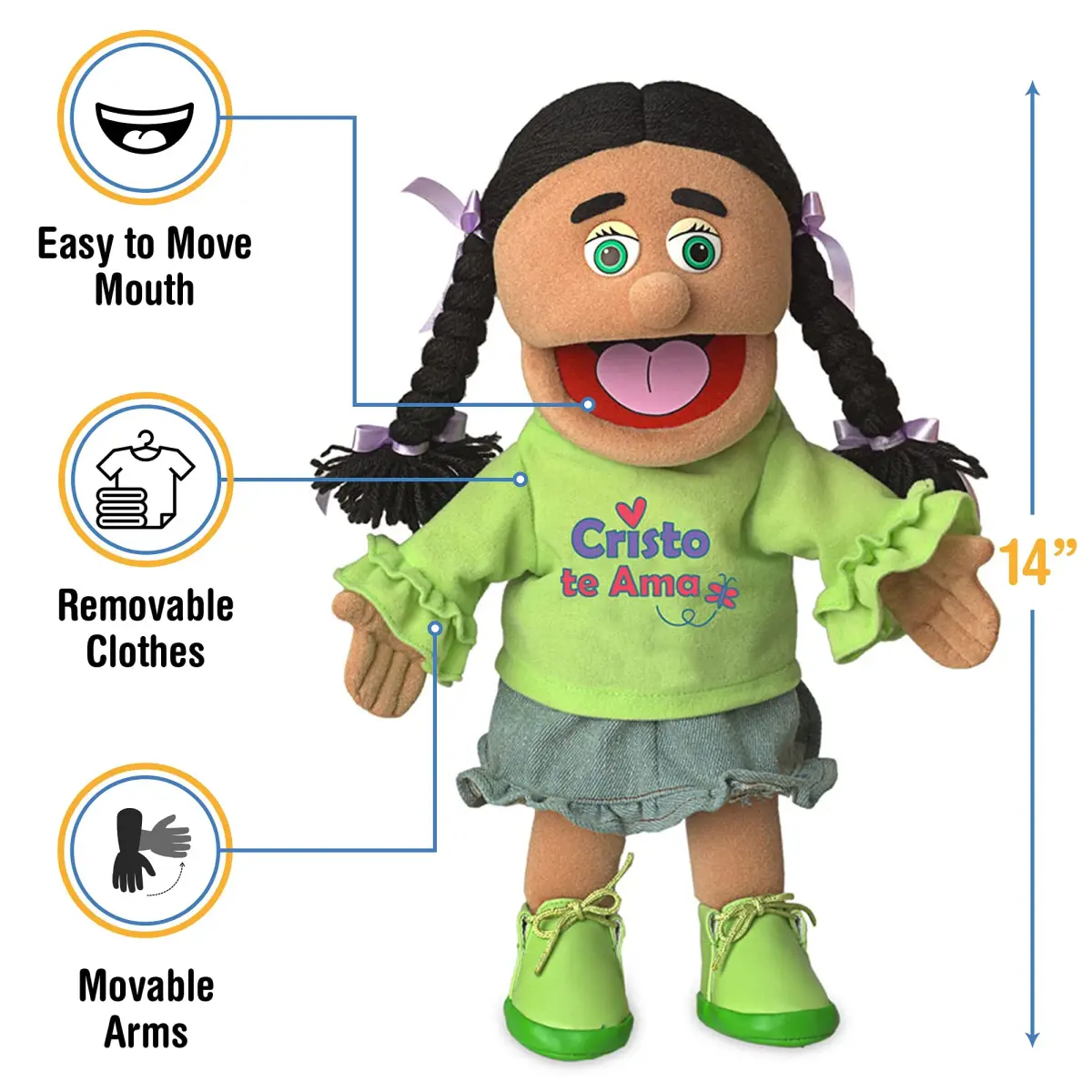 Silly Puppets Cristo Te AMA Hispanic Girl Christian Ministry Hand Puppet 35.56cm (14 inches) | Movable Mouth & Hands for Interactive Play - view 2