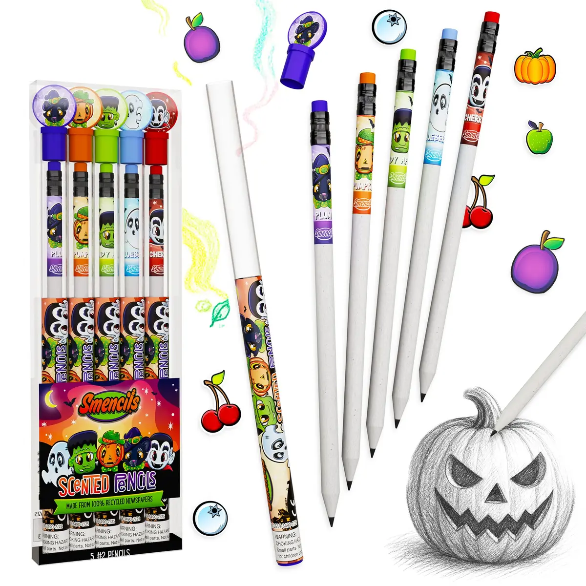 Scentco Halloween Smencils HB #2 Patented Gourmet Scented Pencils 5 Count | Recycled Newspaper Pencils with Collectible Character Caps - main product image