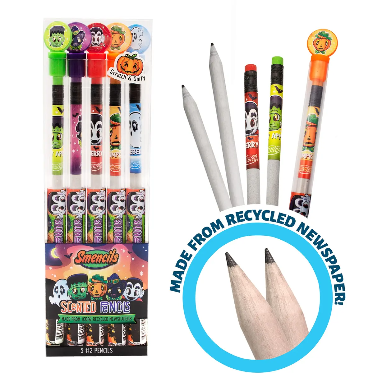 Scentco Halloween Smencils HB #2 Patented Gourmet Scented Pencils 5 Count | Recycled Newspaper Pencils with Collectible Character Caps - view 3