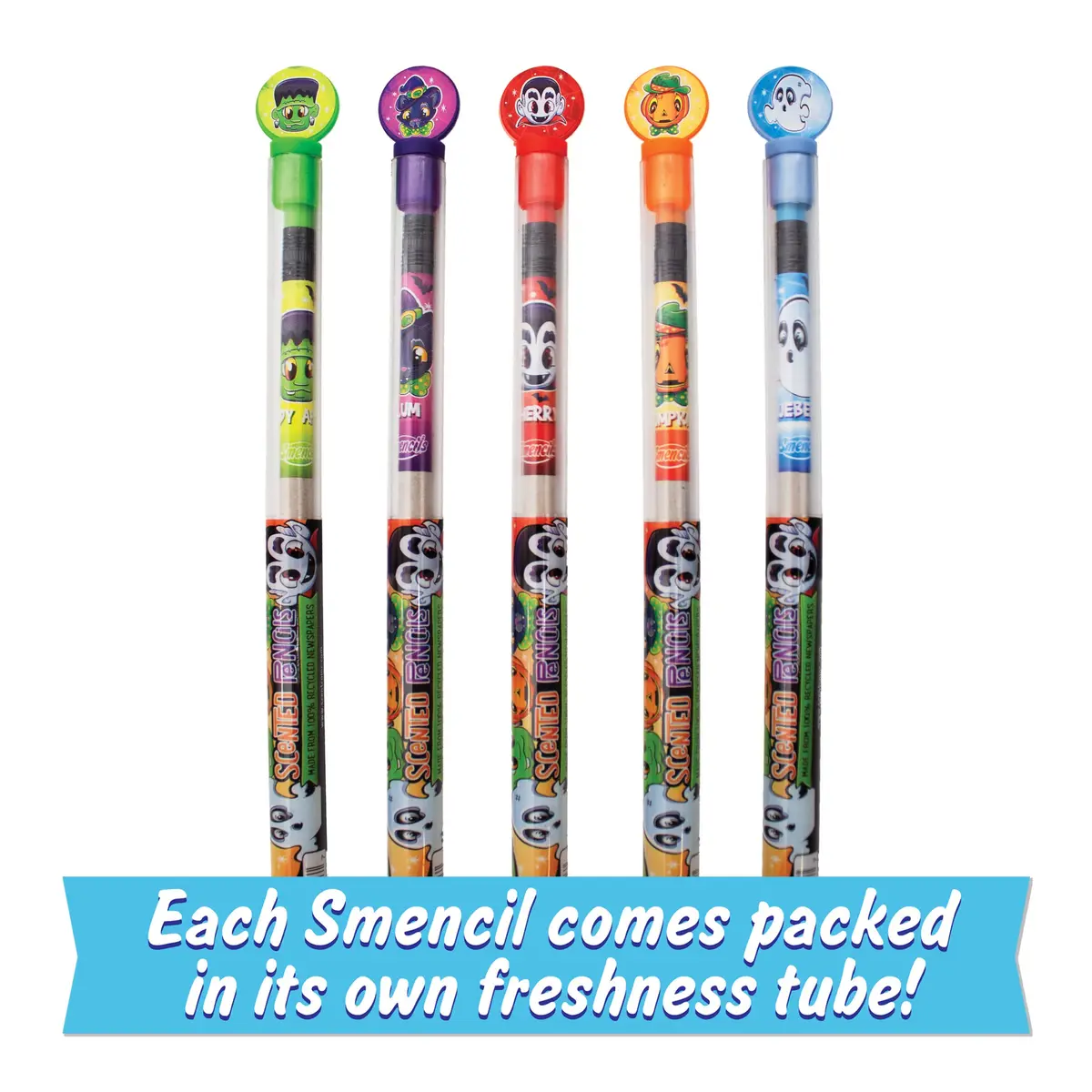 Scentco Halloween Smencils HB #2 Patented Gourmet Scented Pencils 5 Count | Recycled Newspaper Pencils with Collectible Character Caps - view 4