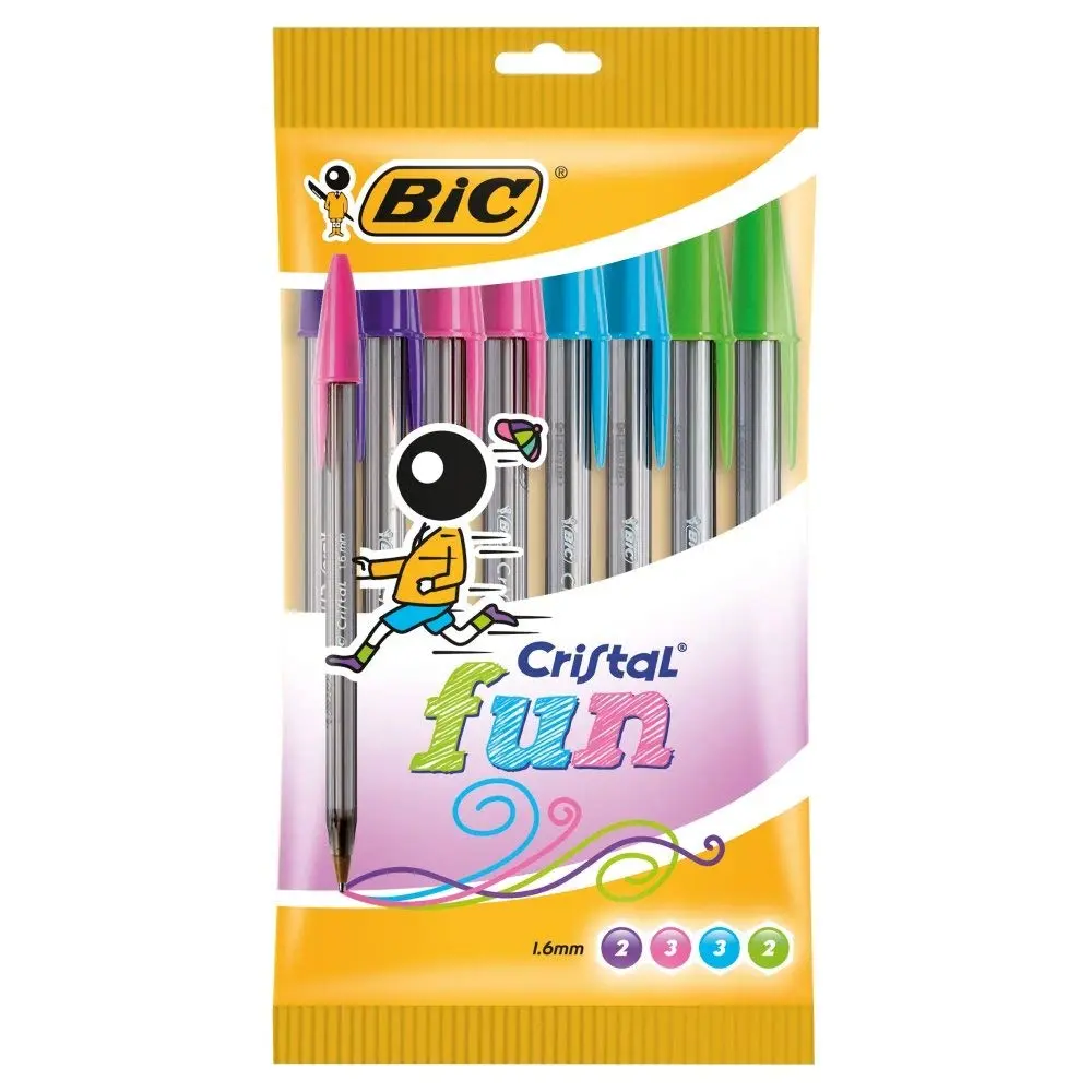 BIC Cristal Fun Ballpoint Pens with 5 Assorted Ink Colours | Wide 1.6mm Point, Pack of 10 for Bright, Flawless Writing - main product image