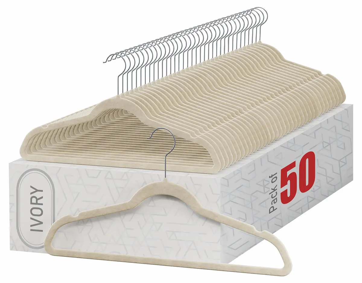 HOME IT Premium Velvet Hangers 50 Pack - Ivory Slim Non-Slip Felt Hangers for Closet Organization - main product image