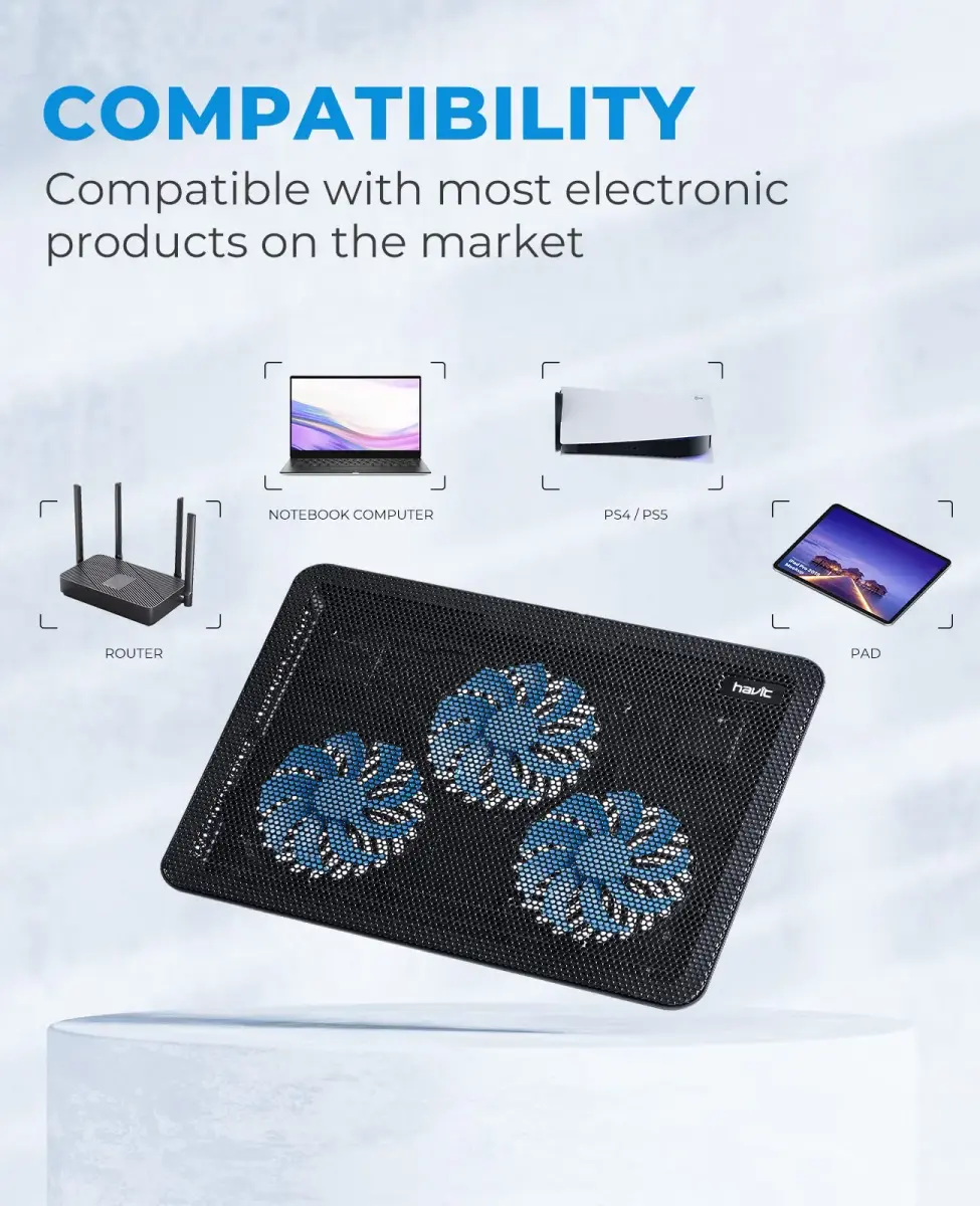 havit HV-F2056 Laptop Cooling Pad for 15.6-17 Inch Laptops, Black | 3 Quiet USB-Powered Fans, Ergonomic Stand - view 3