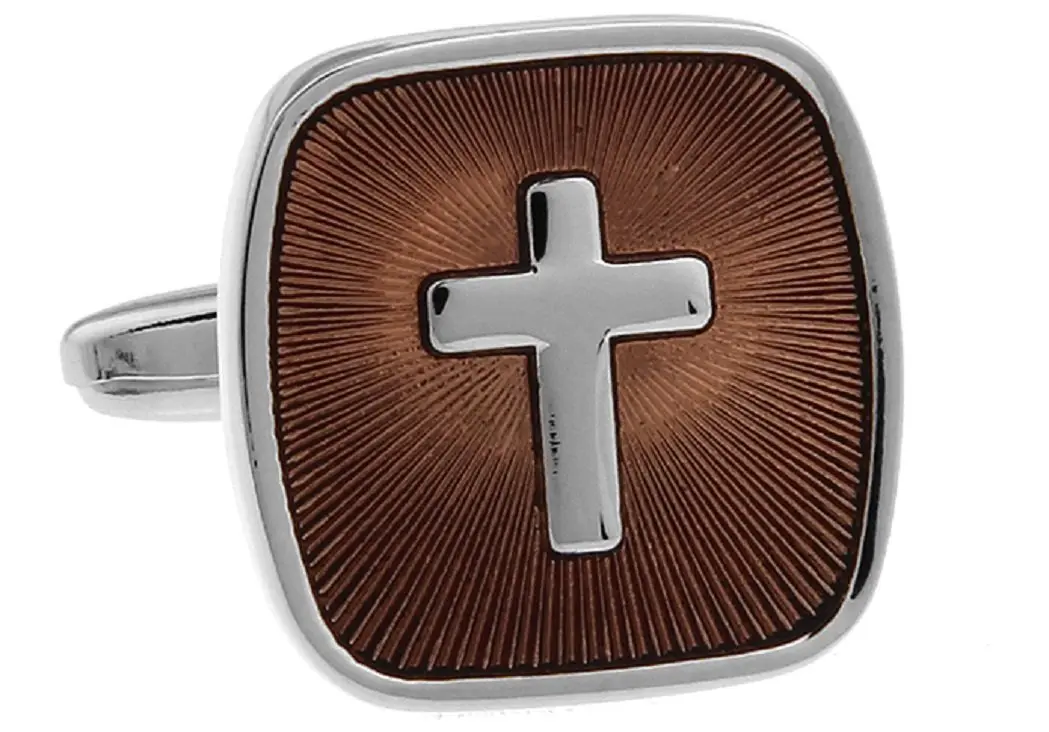 MRCUFF Cross Square Brown Christian Pair Cufflinks in a Presentation Gift Box & Polishing Cloth | Religious Design, Classic Style - main product image