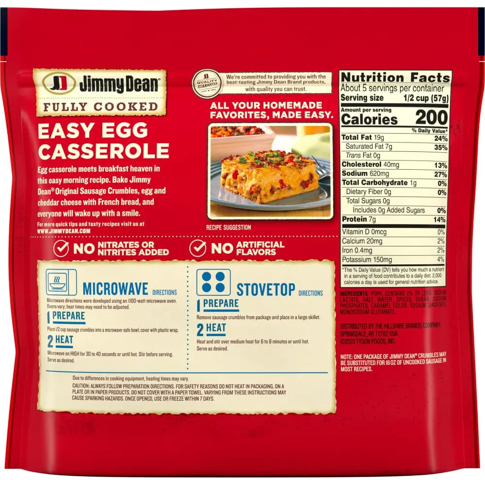 Jimmy Dean Fully Cooked Original Sausage Crumbles 9.6 oz | Premium Pork, Ready in Minutes - view 2