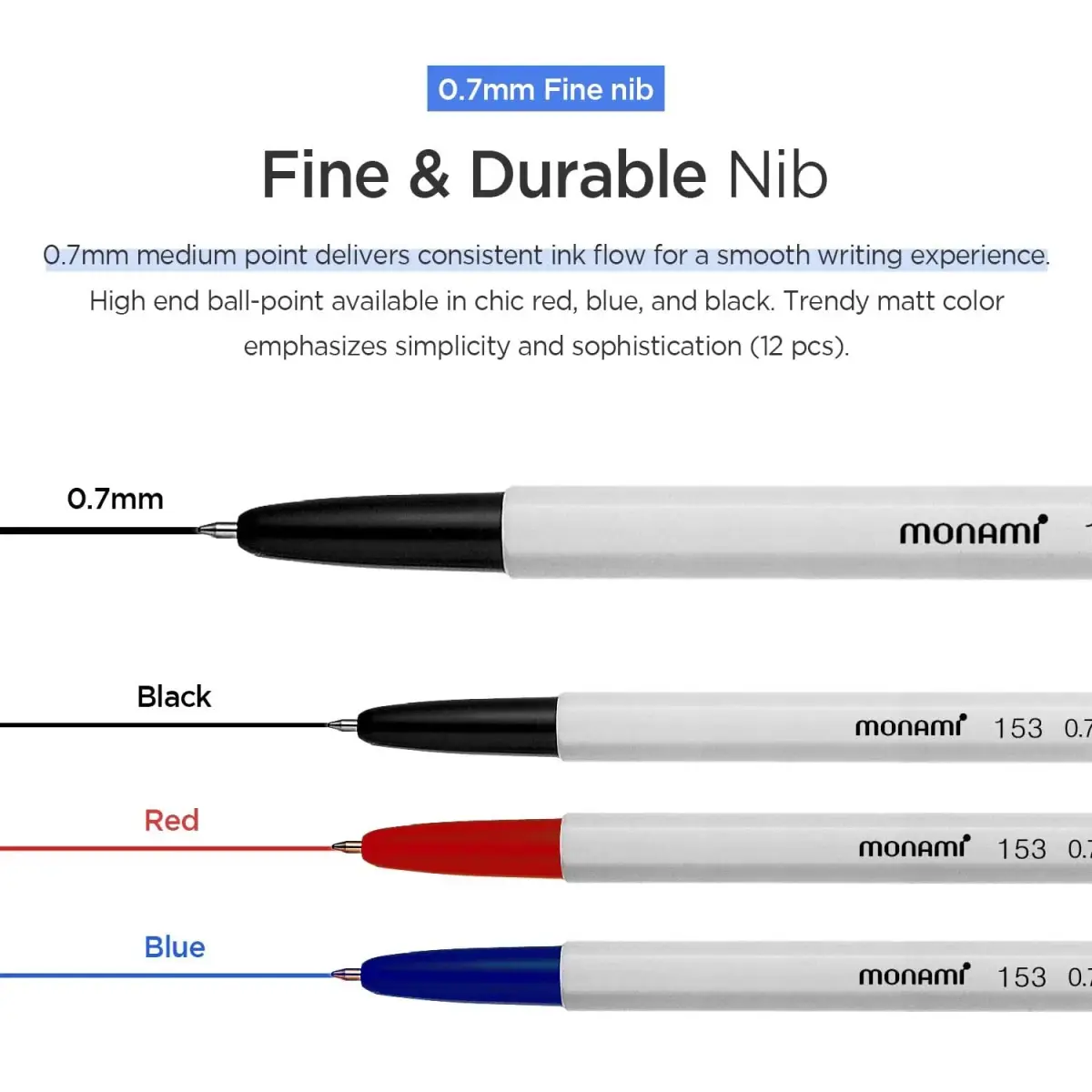 MONAMI BP 153 Retractable Ballpoint Pen, Fine Point (0.7mm), Blue, 12-Count | Smooth Ink Flow - view 3