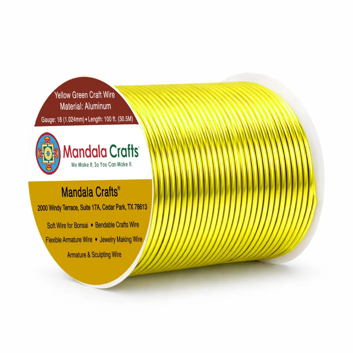 Mandala Crafts 18 Gauge Yellow Green Anodized Aluminum Craft Wire, 100 FT | Durable, Shapeable & Tarnish-Resistant - main product image
