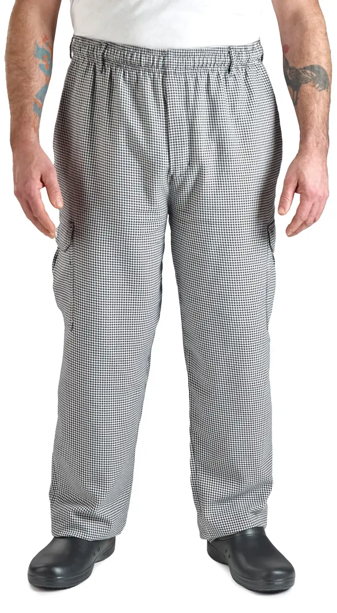 Mercer Culinary M61051HTL Genesis Men's Chef Cargo Pant in Hounds Tooth, Large, Black/White | Durable Poly Cotton, Comfort Fit - main product image