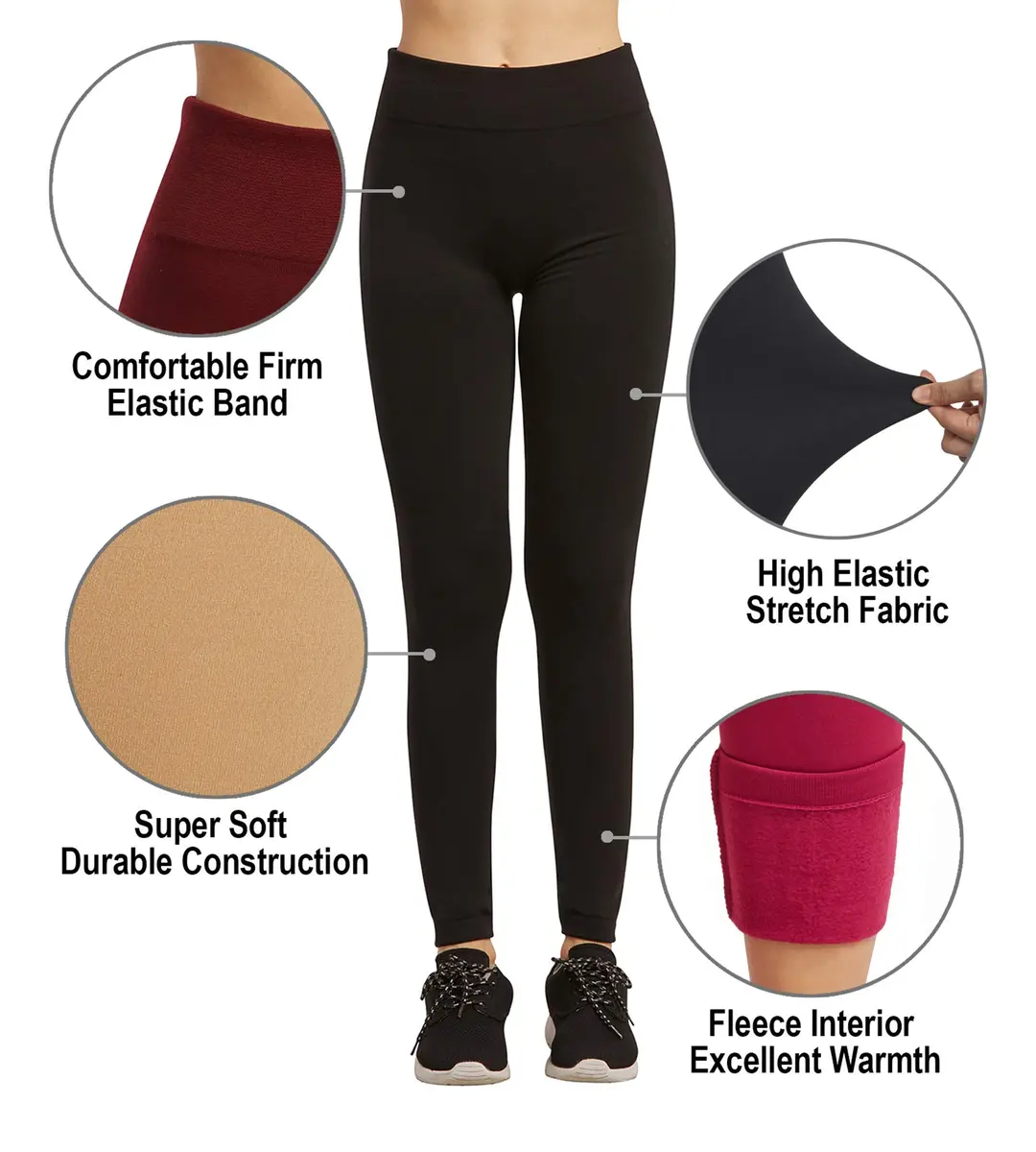 MOPAS Women's Fleece Lined Solid Color Full Length Leggings-Burgundy | Cozy Warmth & Flattering Fit - view 5