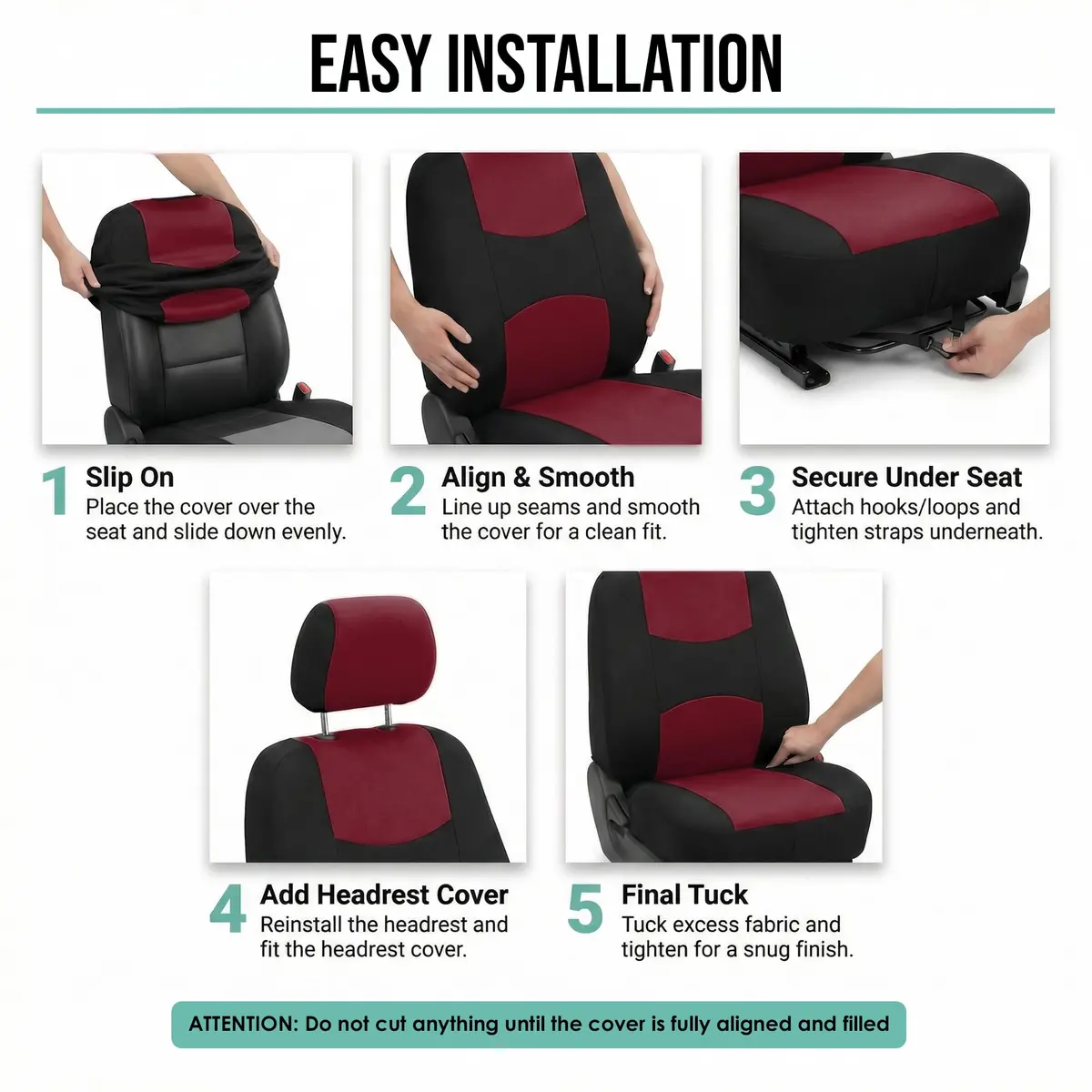 FH Group Cloth Car Seat Covers Set, Universal Fit Burgundy | Waterproof & Washable - view 6