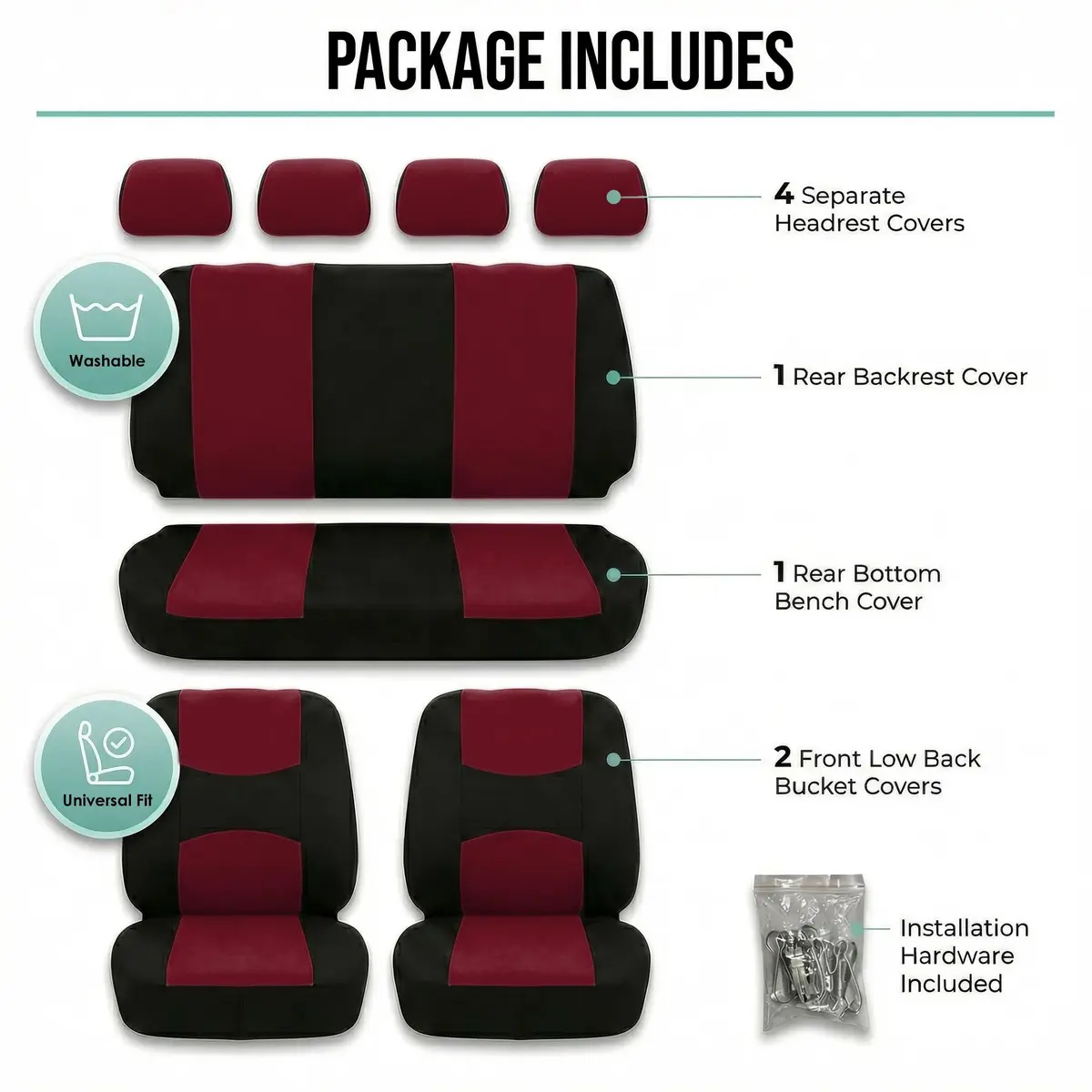 FH Group Cloth Car Seat Covers Set, Universal Fit Burgundy | Waterproof & Washable - view 7