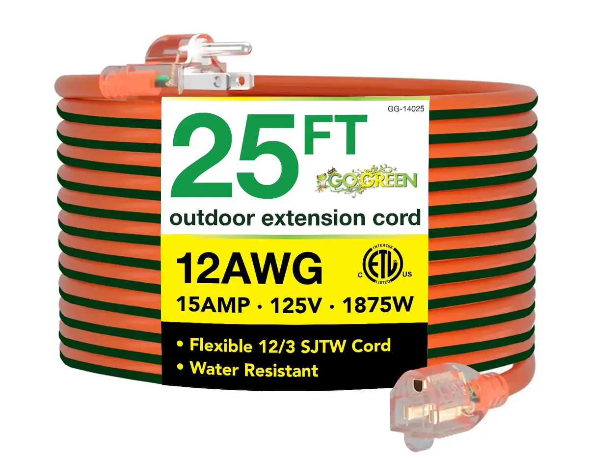 GoGreen Power GG-14025 7.62 m (25 ft) Contractor Grade SJTW Outdoor Extension Cord with Lighted End | Heavy Duty 15 Amp, 125 Volt - main product image