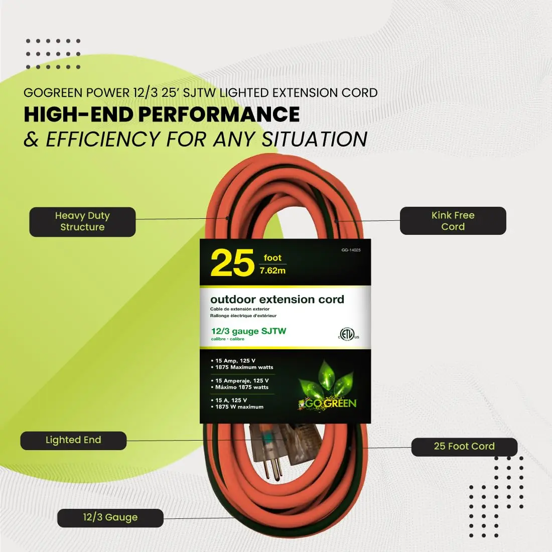 GoGreen Power GG-14025 7.62 m (25 ft) Contractor Grade SJTW Outdoor Extension Cord with Lighted End | Heavy Duty 15 Amp, 125 Volt - view 5