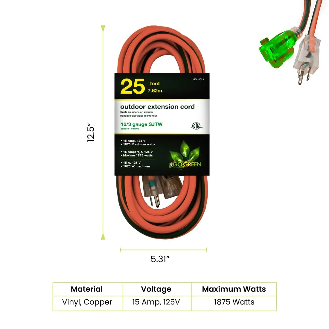 GoGreen Power GG-14025 7.62 m (25 ft) Contractor Grade SJTW Outdoor Extension Cord with Lighted End | Heavy Duty 15 Amp, 125 Volt - view 2