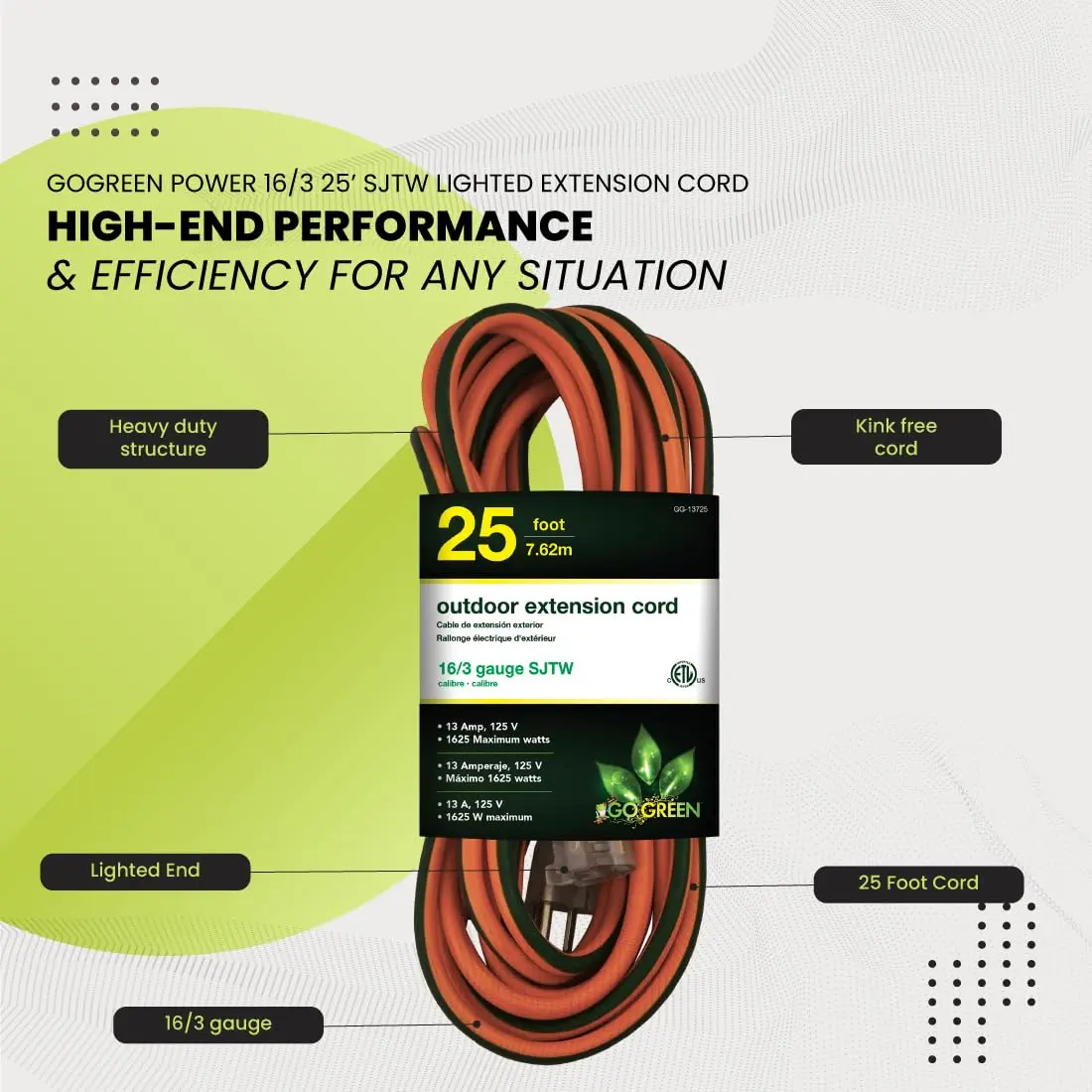 GoGreen Power GG-13725 25 ft (7.62 m) Outdoor Extension Cord with Lighted End | Heavy Duty Contractor Grade 16/3 SJTW - view 5