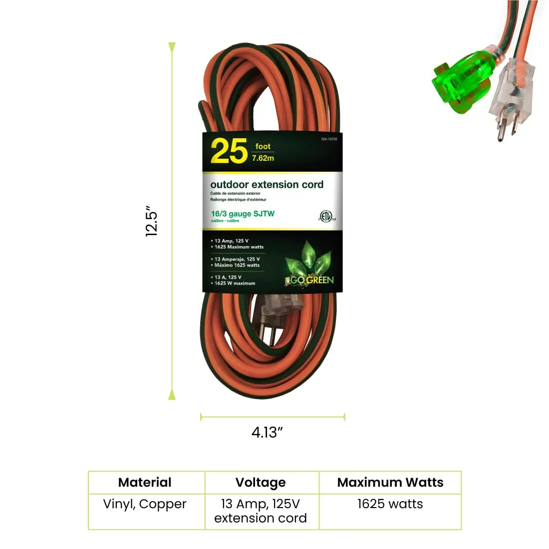 GoGreen Power GG-13725 25 ft (7.62 m) Outdoor Extension Cord with Lighted End | Heavy Duty Contractor Grade 16/3 SJTW - view 2