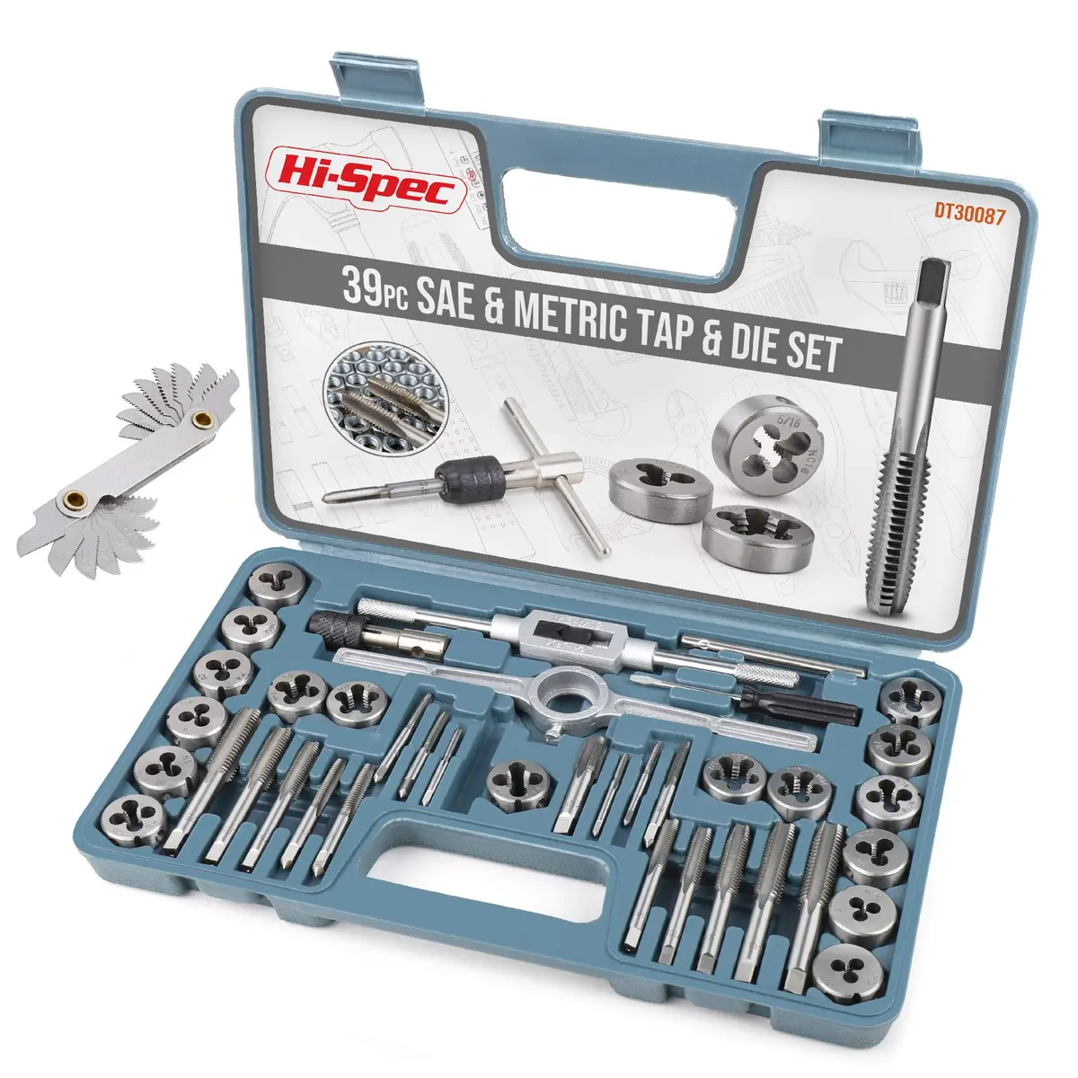 Hi-Spec 39 Piece SAE & Metric Tap & Die Set with Screw Pitch Gauge | Cut, Chase & Thread Metals - main product image