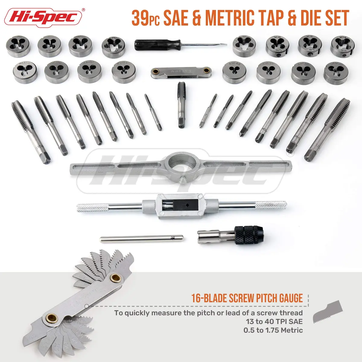 Hi-Spec 39 Piece SAE & Metric Tap & Die Set with Screw Pitch Gauge | Cut, Chase & Thread Metals - view 2