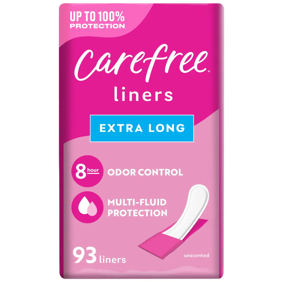 Carefree Extra Long Panty Liners Wrapped Unscented, 93 Count | Daily Feminine Protection for Light Periods and Leaks - main product image