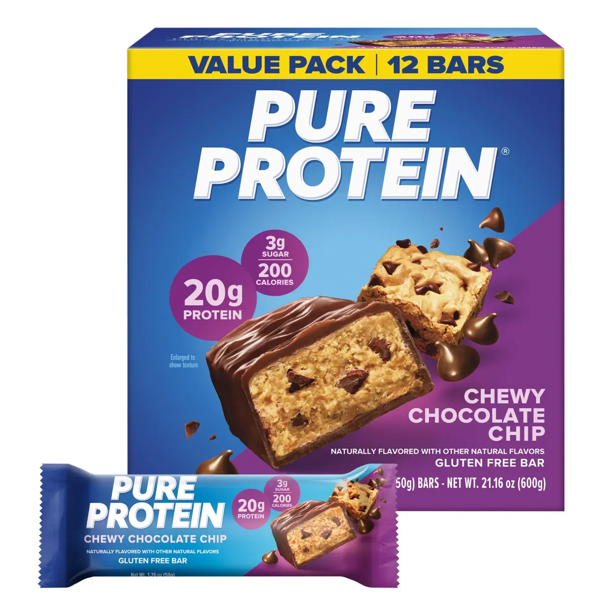Pure Protein Chewy Chocolate Chip Protein Bars 12 Ct | 20g Protein Snack for Fitness Goals - main product image