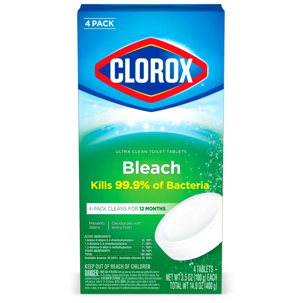 Clorox Ultra Clean Toilet Tablets Bleach 4 Count | Kills 99.9% of Bacteria & Prevents Stains - main product image