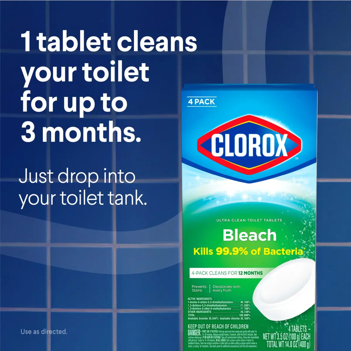 Clorox Ultra Clean Toilet Tablets Bleach 4 Count | Kills 99.9% of Bacteria & Prevents Stains - view 3