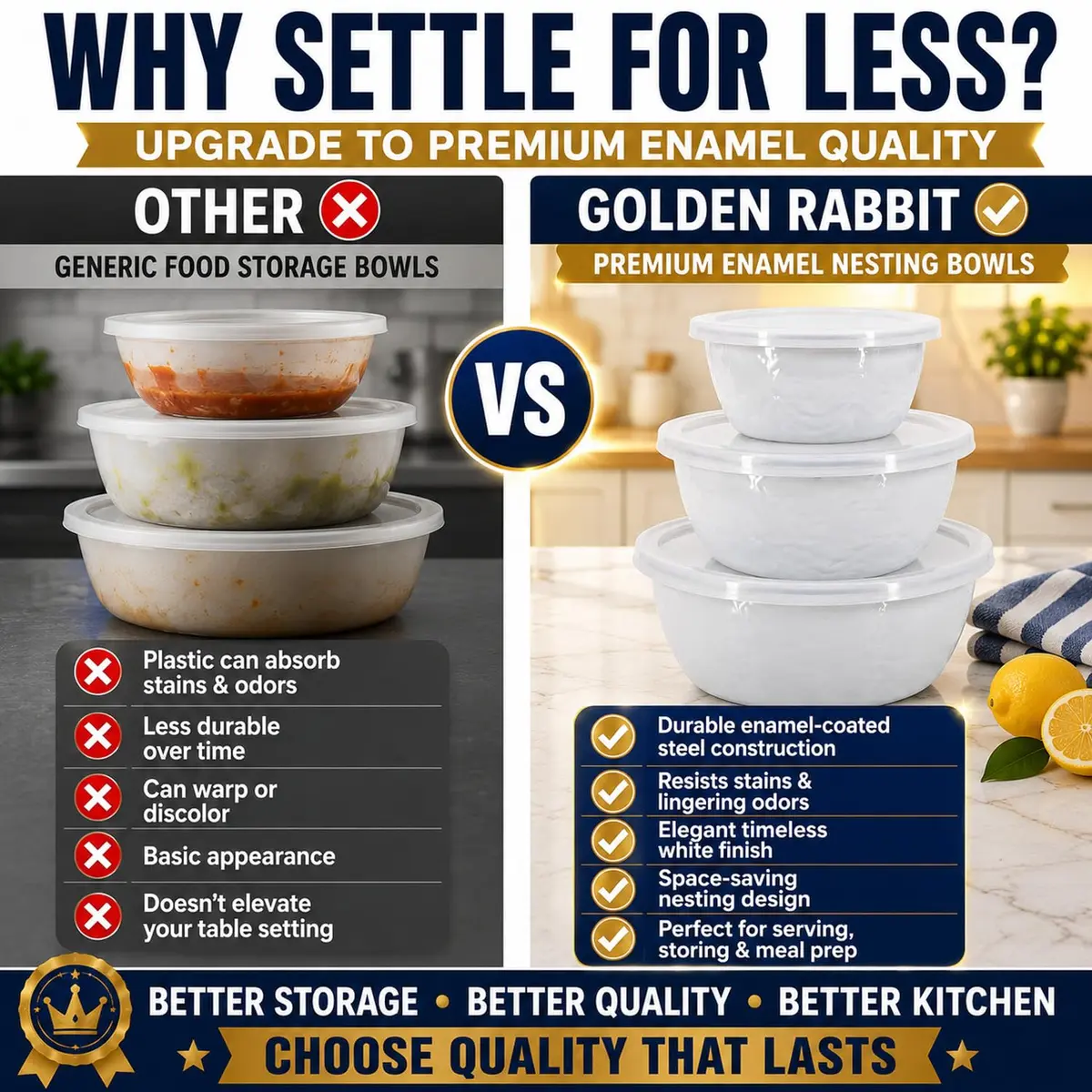 Golden Rabbit Enamelware Nesting Storage Bowls with Lids | White Set of 3 for Kitchen & Serving - view 5