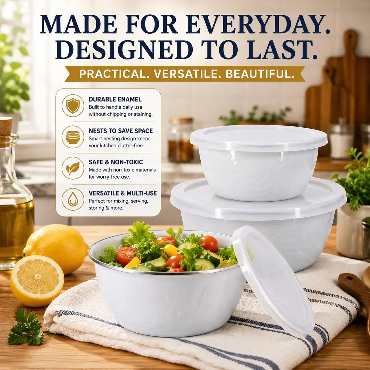 Golden Rabbit Enamelware Nesting Storage Bowls with Lids | White Set of 3 for Kitchen & Serving - view 2
