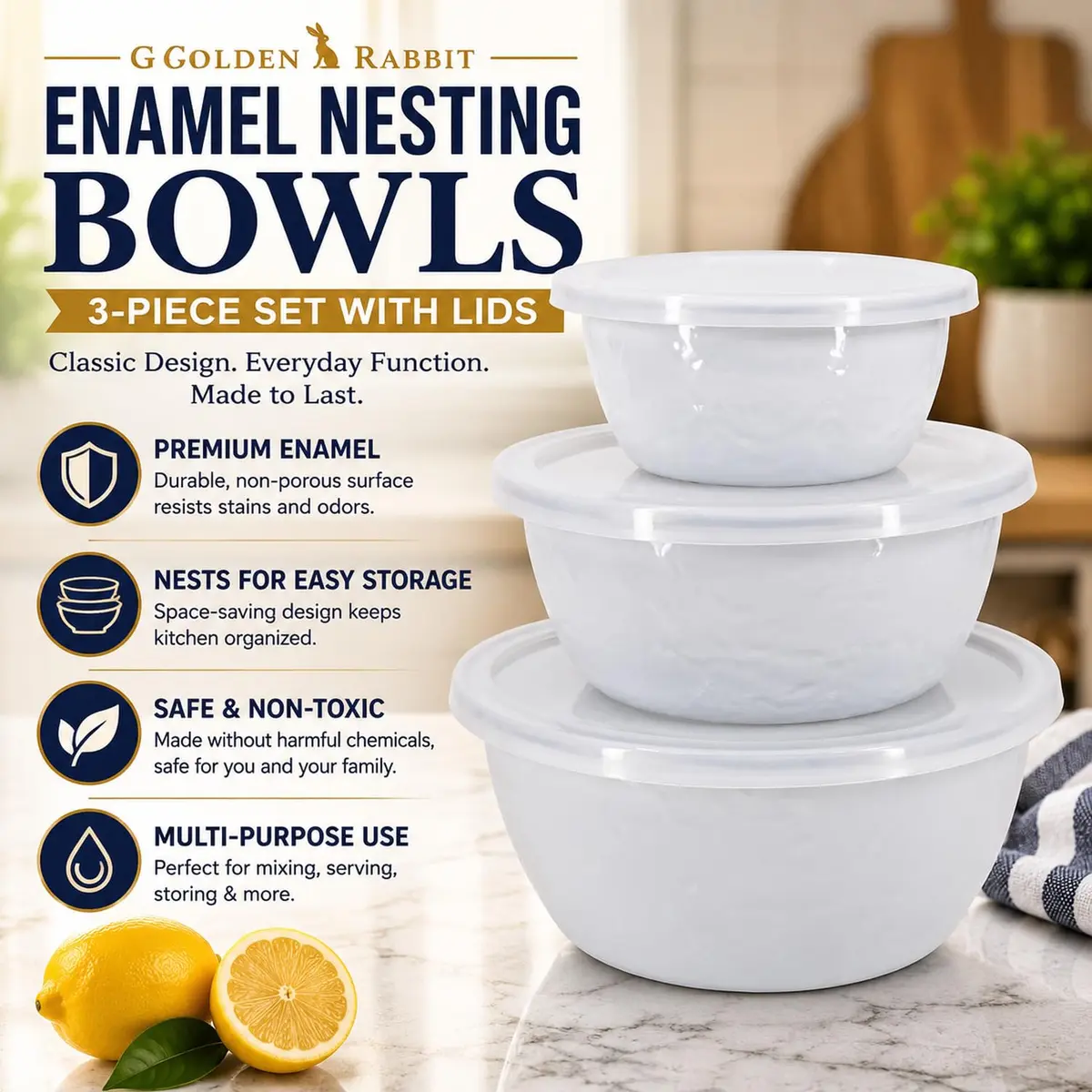 Golden Rabbit Enamelware Nesting Storage Bowls with Lids | White Set of 3 for Kitchen & Serving - view 3